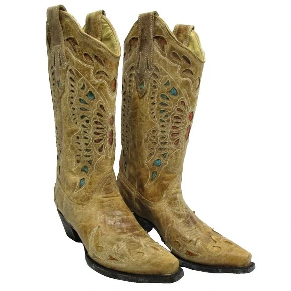 Corral Crackle Butterfly inlay Western Boots R2477 - turquoise tan 8 M snip toe